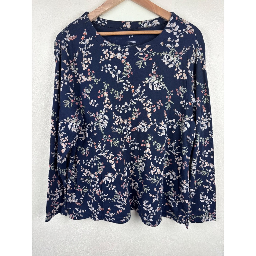 J.Jill Pima Cotton Tee XL Navy Floral Long Sleeve Crew Neck Botanical Casual